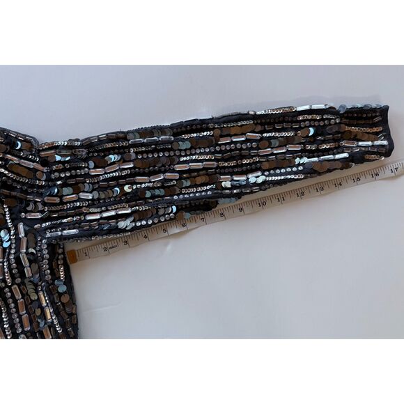 NWT Mac Duggal Embellished High Neck Long Sleeve Fitted Dress in Charcoal Gray 4 - Picture 16 of 16